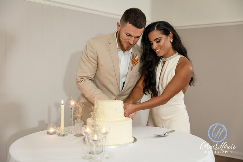 Bride and groom cutting the wedding cake