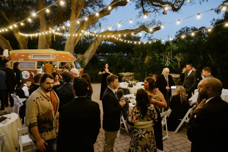 outdoor wedding reception under market lights of the Historic Dubsdread